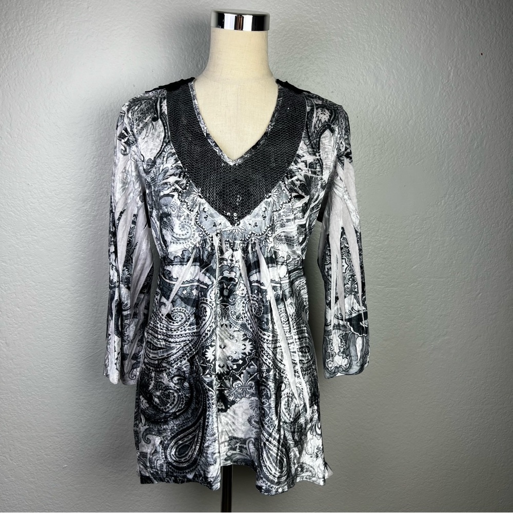 STYLE & CO Velvet Sequins Black White 3/4 Sleeve V Neck Tunic Top Size XL
